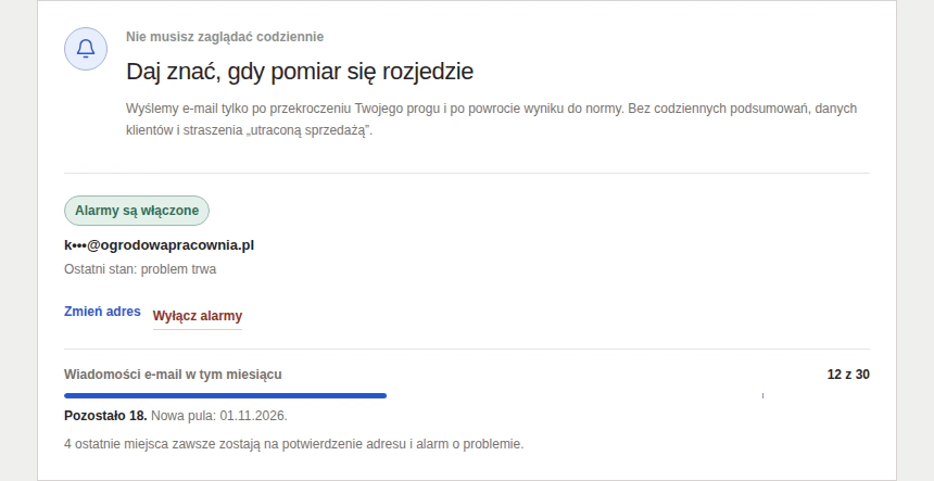 Panel GrowMeasure: włączone alarmy e-mail z zamaskowanym adresem i licznikiem 12 z 30 wiadomości.